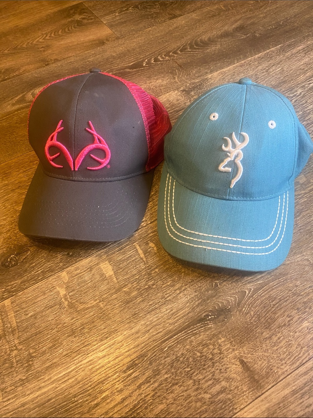 Browning Women's Two-Pack Caps — Gray with Pink Logo & Teal with White Logo